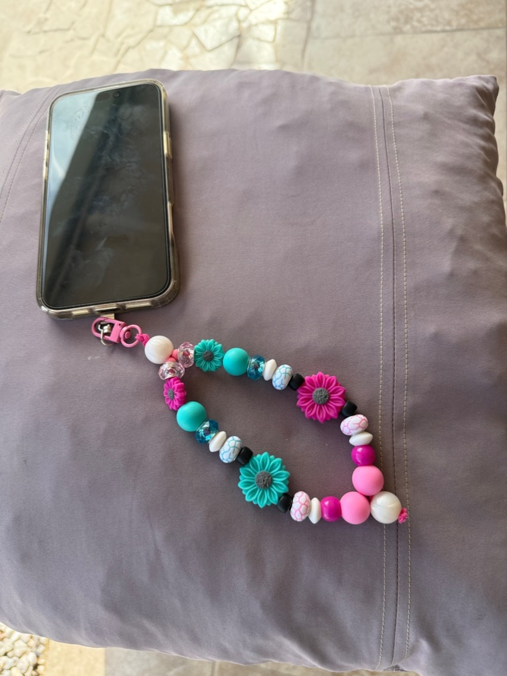 Beaded Phone Charm Wrist Strap - Pink & Teal Flower Design